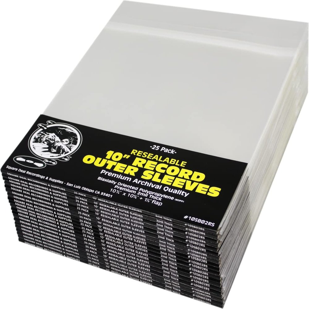 10" Resealable Record Outer Sleeves - Super Clear Premium 2 Mil Thick - Archival Quality BOPP - 10-3/4" x 10-3/8" + 1-1/2" Flap - 10SB02RS (500)