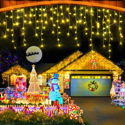Heceltt Christmas Lights Outdoor, 49FT 480 LED Ice Lights for Outside, 90 Drops Ice String Lights with 8 Modes, Waterproof Timer Memory Hanging Light for Eaves Party Yard Garden(Warm White)