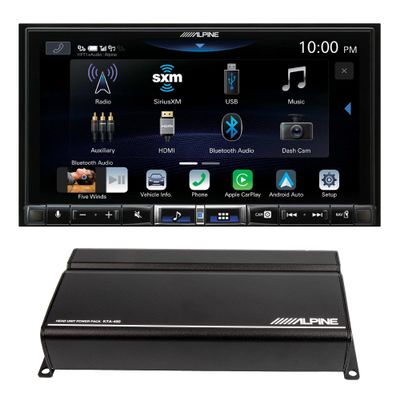 Alpine iLX-507 Shallow Chassis 7-Inch Multimedia Receiver Compatible with Apple Carplay and Android Auto with Alpine KTA-450 Power Pack Amplifier with Power Stack Bracket