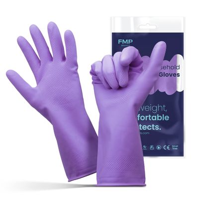 FMP Brands Cleaning Gloves, 12 Pairs Rubber for Washing Dishes, Non-Slip Dishwashing, Waterproof Reusable Latex Dish for Kitchen, Bathroom, Household, Gardening (Medium, Purple)