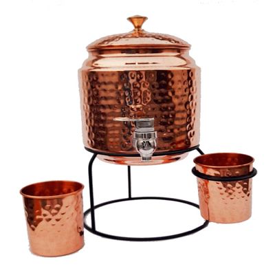 Ornate International Pure Copper Hammered Water Dispenser Pot with Tap (3 Liters) - Includes 2 Copper Glasses and Iron Stand