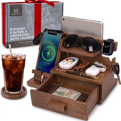 Parkway Home Wood Phone Docking Station with Drawer, Compatible with Apple Watch - Wood Charging Station Organizer Stand, Bedside Nightstand Organizer for Men, Holds Phone, Tablet, Keys, Glasses, EDC