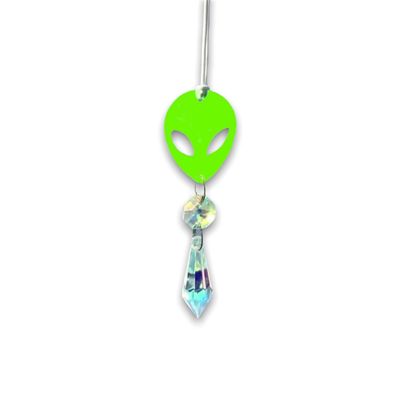 Glow in The Dark Alien Car Charm, Rear View Mirror Ornament, Car Decor, Car Suncatcher, Alien Accessories, Crystal Suncatcher, Stoner, Rave (Crystal Color - Blue, Alien Style - Green w Holographic)
