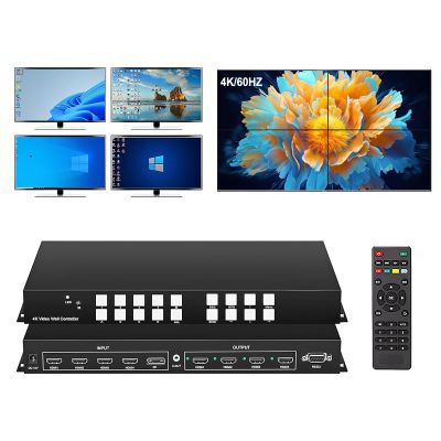 4K/60Hz 2x2 Video Wall Controller, 4x4 HDMI Matrix Switch with HDMI 2.0 inputs 1x2 1x3 1x4 2x1 3x1 4x1 UHD TV Wall Controller Auto Display and Play max 90 Degree Rotation