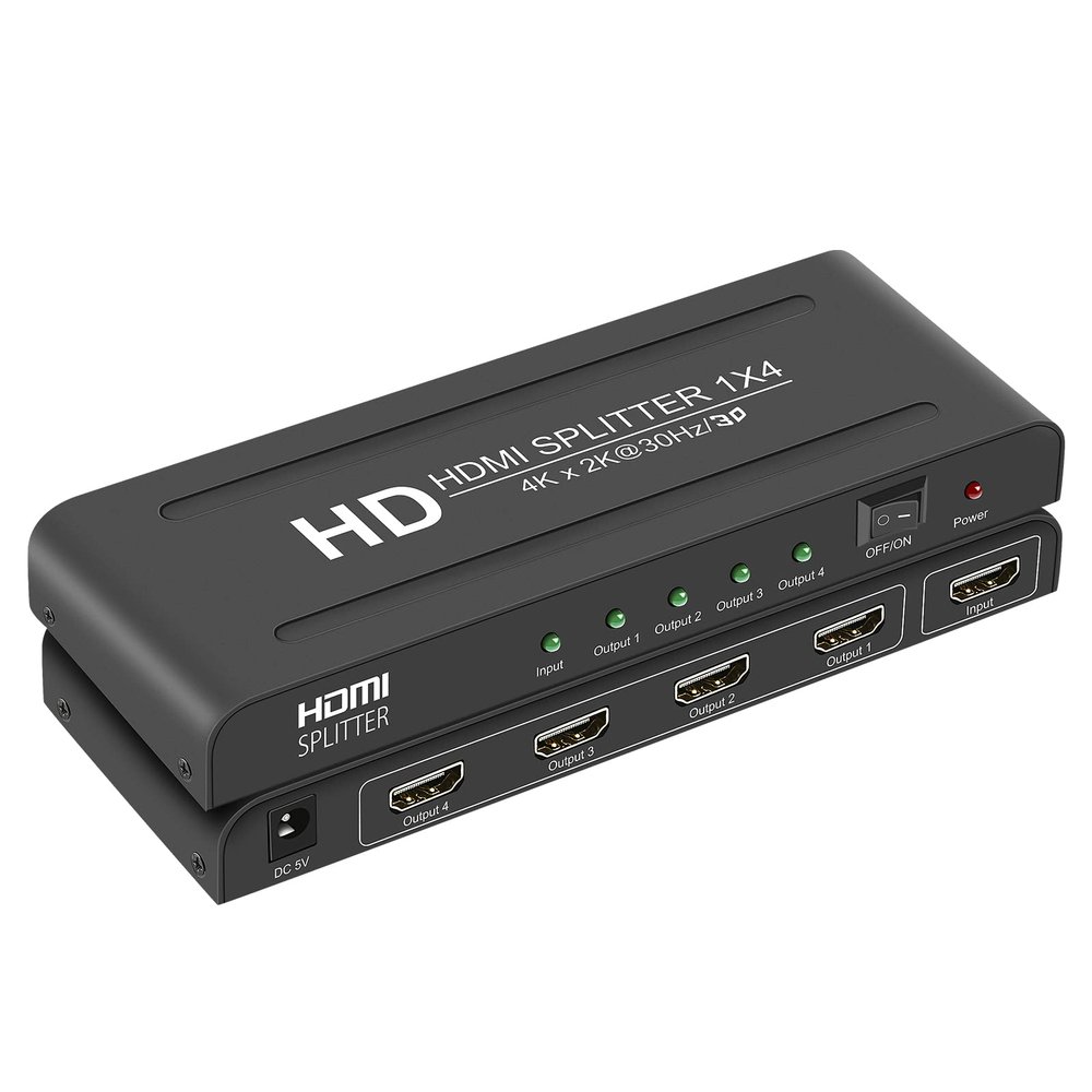 4K 1x4 HDMI Splitter 1 in 4 Out,4 Port Powered HDMI Splitters Support Mirror/Copy Multi Monitor Outputs and 4Kx2K@30Hz 3D,HD Splitter with Power for Project/Office/Projector/HDTV/PS4