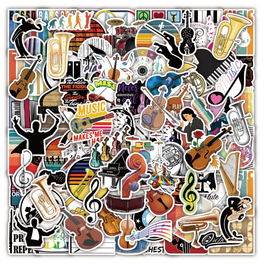 100Pcs Orchestral Stickers Pack,Vinyl Instruments Stickers for Teens,Classical Music Aesthetic Sticker Waterproof for Water Bottles,Laptop,Hydroflask,Guitar,Violin