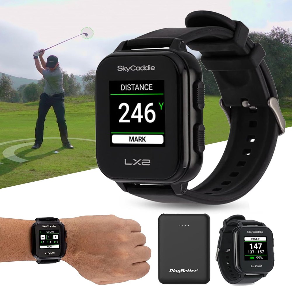 SkyCaddie LX2 Golf GPS Watch - Lightweight & Simple Golf Yardage Rangefinder Touchscreen Watch w/ 35K Courses, Intelligent Automation, & Scoring - Power Bundle with PlayBetter 5000mAh Portable Charger