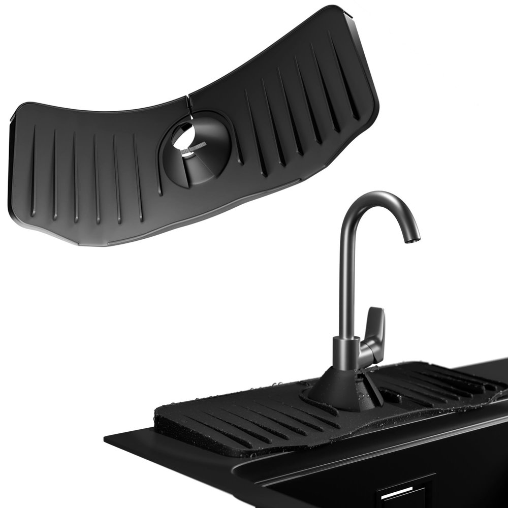 Amiff Black Kitchen Sink Splash Guard Behind Faucet. Food-Grade Silicone Kitchen Faucet Splash Guard for Bathroom, RV. Durable Faucet Absorbent Mat for Kitchen Sink with Flexible Petals, Grooves