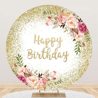 Leyiyi 5x5ft Happy Birthday Round Backdrop Gold Glitter Dots Blush Pink Floral Photography Background Girls Women Birthday Party Banner Decor Photo Portrait Studio Booth Props
