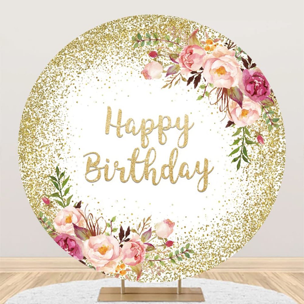Leyiyi 5x5ft Happy Birthday Round Backdrop Gold Glitter Dots Blush Pink Floral Photography Background Girls Women Birthday Party Banner Decor Photo Portrait Studio Booth Props