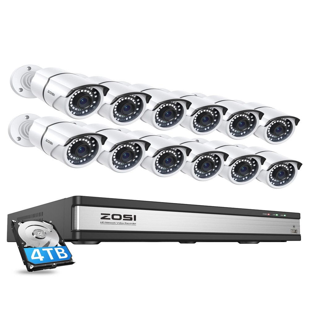 ZOSI 4K 16CH PoE Home Security Cameras System with 4TB Hard Drive,H.265 8MP 16 Channel CCTV NVR,12pcs 5MP Outdoor PoE IP Cameras,120ft Night Vision,Motion Detection,Remote Access,for 24/7 Recording