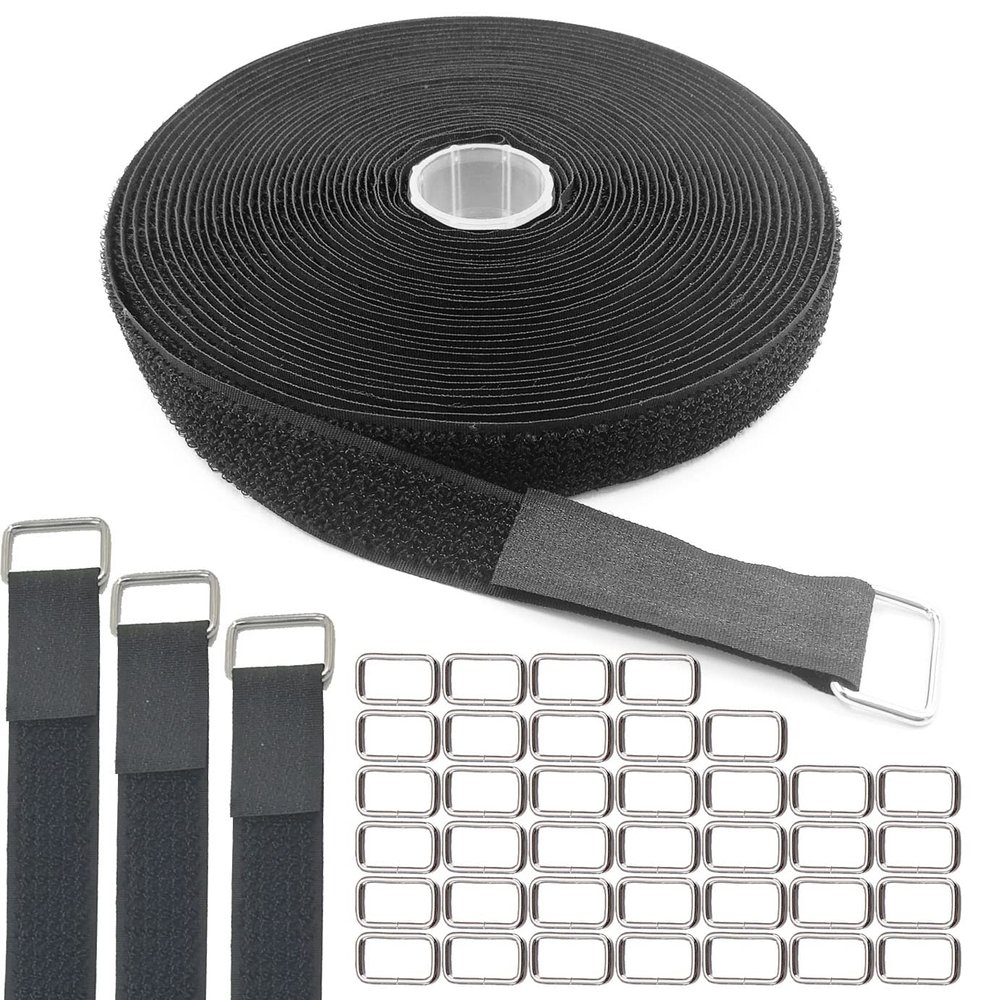 HSIULMY Hook and Loop Buckles, 3/4In x 32Ft Reusable Hook & Loop Straps with 40 Metal Buckles, Heavy Duty Adjustable Cable Ties Nylon Cinch Straps for Wire Management, Cord Organizer & Storage