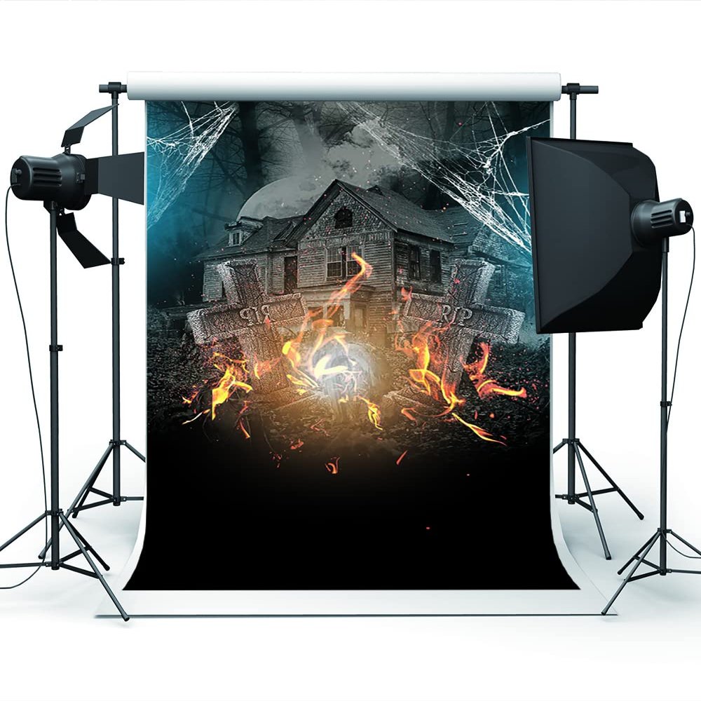 10x20ft Halloween Big Moon Castle Photography Backdrops RIP. Old Castle Fire Spider Web Fabric Background for Night