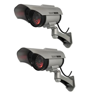 Yuarisx Solar Powered Dummy Fake Security Camera Bullet CCTV Surveillance with Simulated LED Realistic Red Flashing Light and Security Warning Sticker Decal Indoor Outdoor, 2 Pack