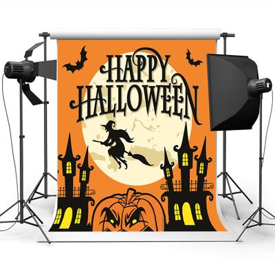 10x10ft Pumpkin Happy Halloween Castle Bats Photography Backdrop Fabric Cartoon Castle Background for Children
