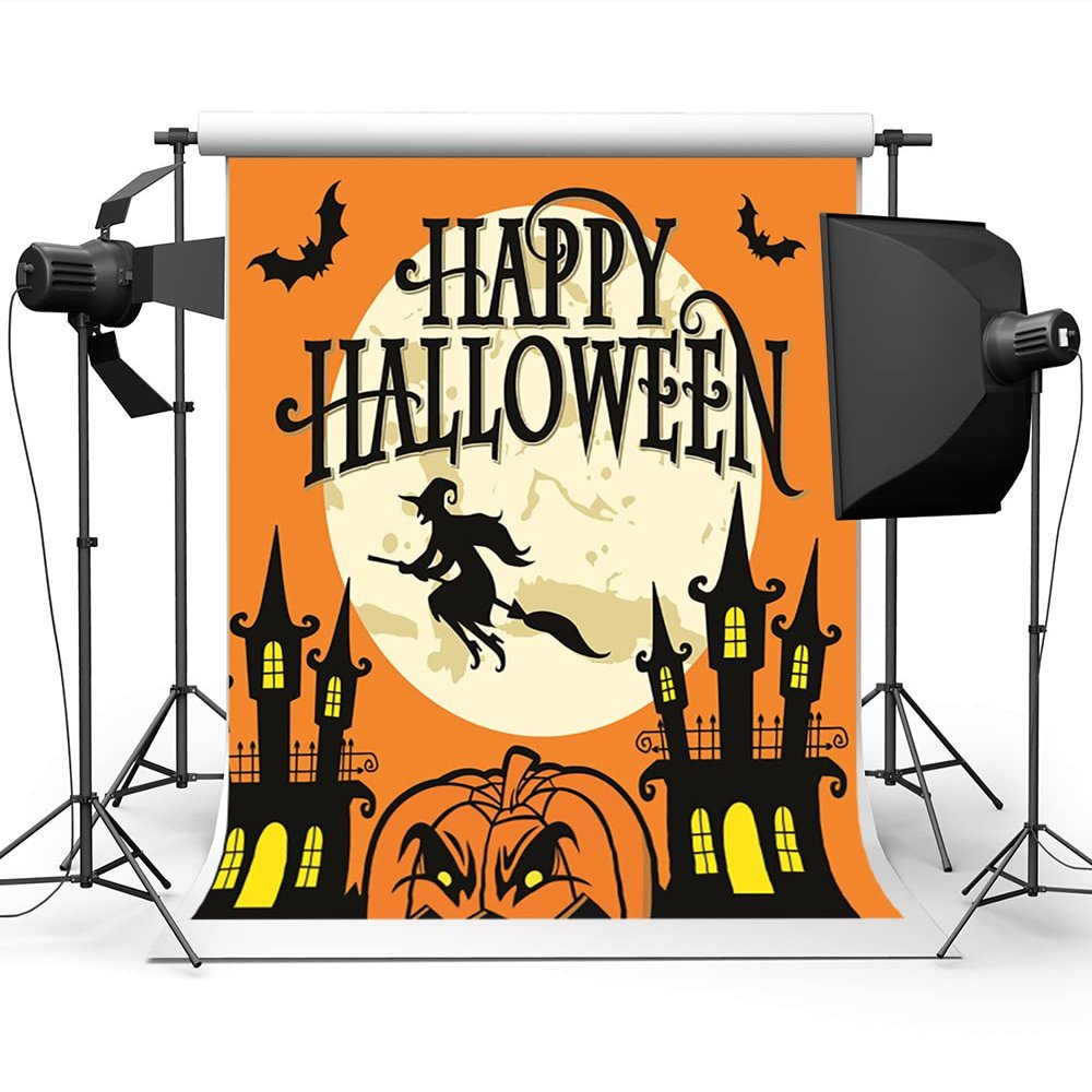 10x10ft Pumpkin Happy Halloween Castle Bats Photography Backdrop Fabric Cartoon Castle Background for Children