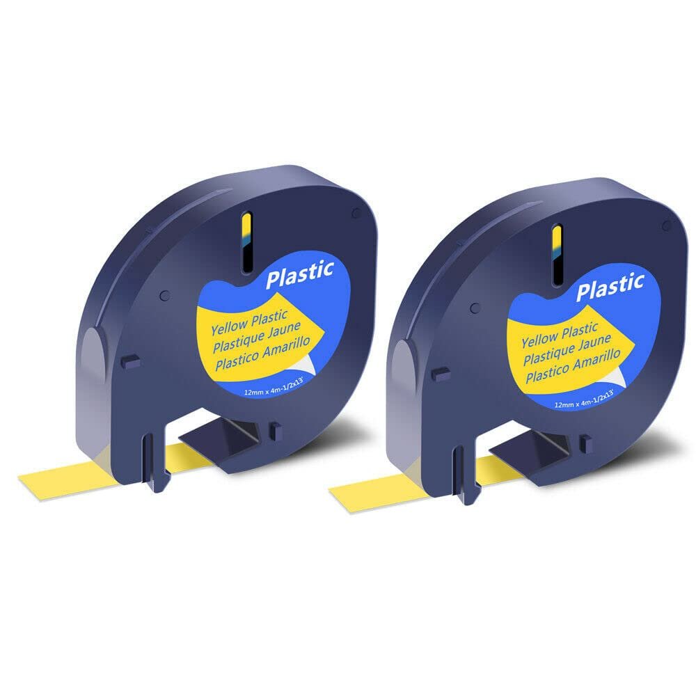 Cruxer 2 Pack Replacement for 91332 Letra Tag Refills Tape 12mm x 4m (1/2" x 13') Black Text on Yellow Plastic Label Tape Compatible with 200B LT100H LT100T QX50 Label Maker for Home Office School