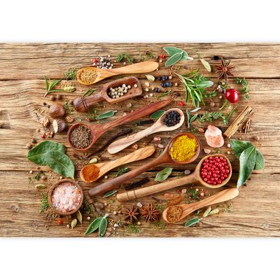 wall26 Removable Wall Sticker/Wall Mural Rustic Wooden Spoon Herb & Spice Flavor Variety Food & Kitchen Culinary & Cooking Photography Realism Decorative for Living Room, Bedroom, Office - 100"x144"