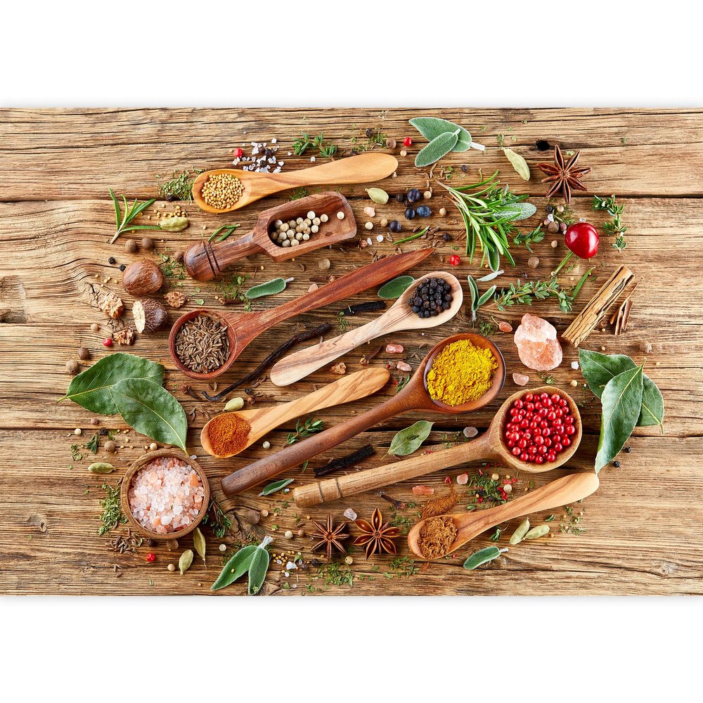 wall26 Removable Wall Sticker/Wall Mural Rustic Wooden Spoon Herb & Spice Flavor Variety Food & Kitchen Culinary & Cooking Photography Realism Decorative for Living Room, Bedroom, Office - 100"x144"