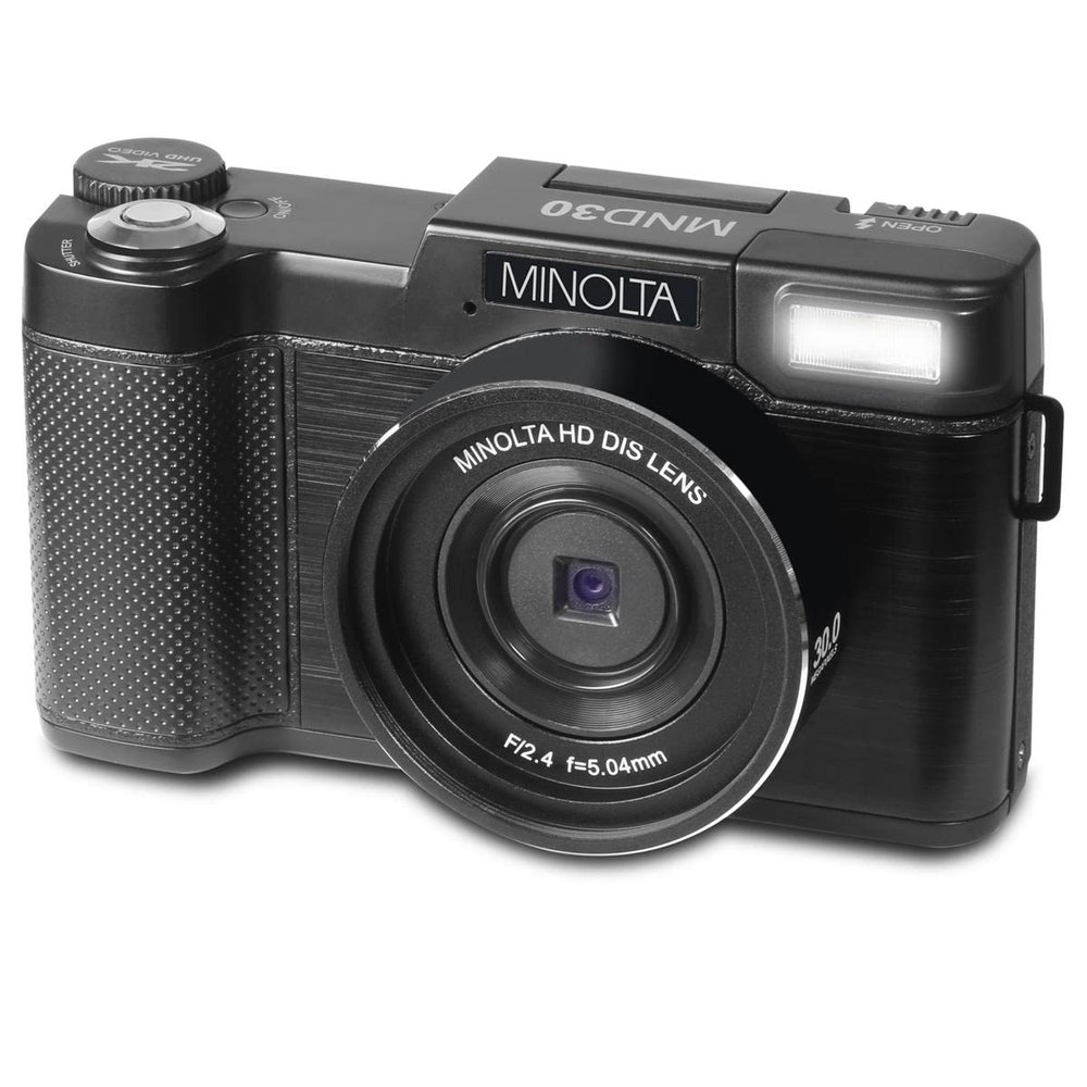 Minolta 30MP Digital Camera 2.7K Ultra HD Video, 3-inch 180 LCD Screen, Face Detection, Anti-Shake, 9 Scene Modes, Photo Burst, Panorama, CMOS Sensor, 32GB Card (Black)