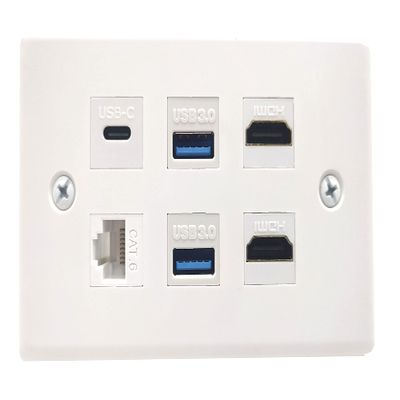 Halokny HDMI USB3.0 CAT Type-C Wall Plate, 6 Port Outlet Wall Plate, 2 x HDMI Keystone Jack + 2 x USB 3.0 +1 xType C+1 x CAT6 RJ45 Keystone Jack, for Wall Plate Face Plate, White