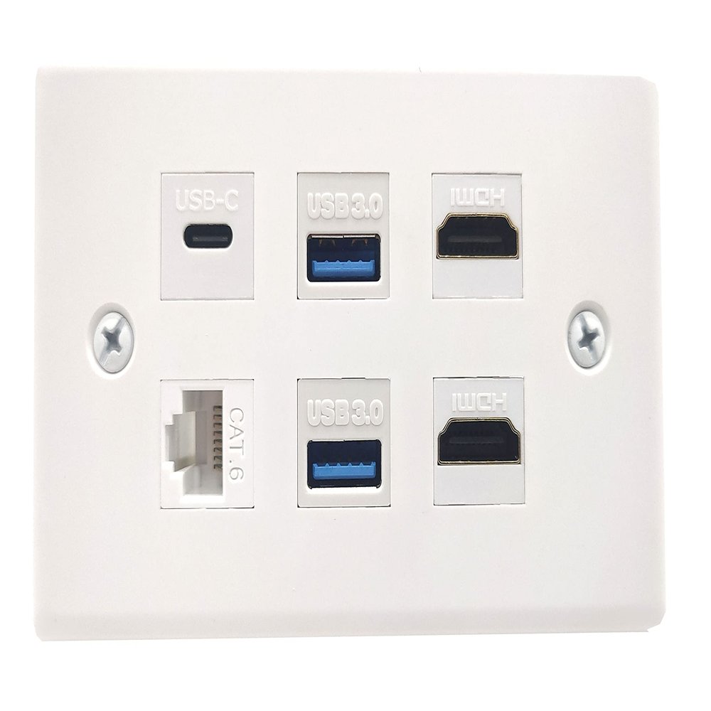 Halokny HDMI USB3.0 CAT Type-C Wall Plate, 6 Port Outlet Wall Plate, 2 x HDMI Keystone Jack + 2 x USB 3.0 +1 xType C+1 x CAT6 RJ45 Keystone Jack, for Wall Plate Face Plate, White