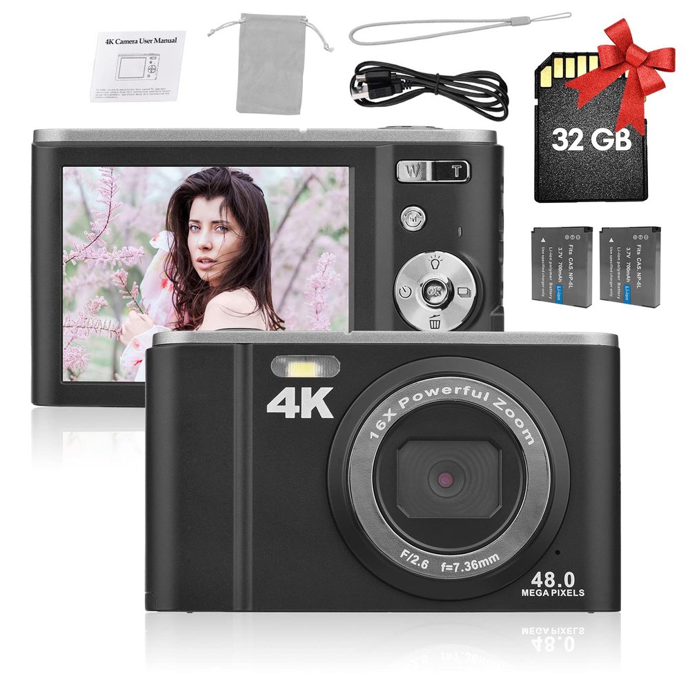 Andoer Portable Digital Camera 48MP 4K 2.8-inch IPS Screen 16X Zoom Self-Timer 128GB Extended Memory Face Detection Anti-Shaking with 2pcs Batteries 32GB Memory Card Hand Strap Carry Pouch