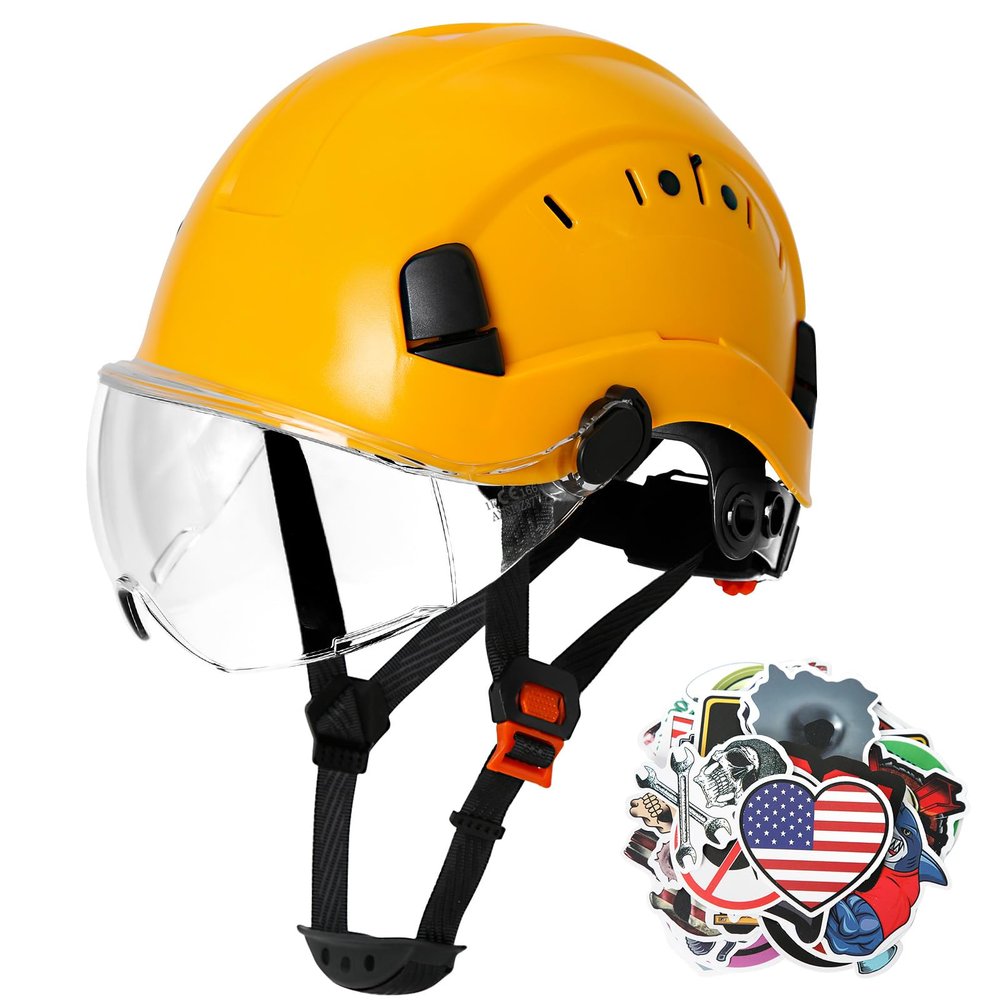 AOLAMEGS Construction Yellow Hard Hats - ANSI Z89.1 Class C Approved Adjustable Vented Hard Hat with Clear Visor for Men Women 6-Point Suspension ABS Safety Helmet for Outdoor Height Work