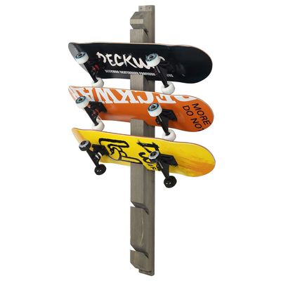 MyGift 6 Skateboards Wall Mount Stand, Gray Wood Longboard Wall Hanger Display Rack with Diagonal Cutout Slots