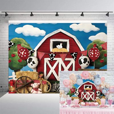 10x6.5ft Red Farm Party Photo Backdrop Cute Farm Animals Barn Backdrop Banner Grass Sky Baby Birthday Party Decoration for Grass Children Birthday Party Supplies Portrait Photography Background