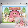12x10ft Farm Animals Theme Birthday Party Backdrop for Kids Birthday Party Decorations Cartoon Pink Barn Animals Scenic Background Photo Booth Banner Green Grass Fence Barnyard Party Photo Backdrops view 1