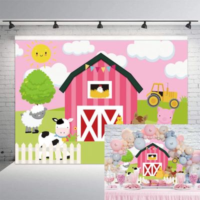 12x10ft Cartoon Pink Farm Animals Theme Backdrop for Boys and Girls Kids Birthday Party Decorations Pink Barn Farm Animal Photography Background Farm Animals Scenic Background Photo Booth Banner