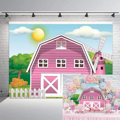 12x10ft Pink Farm Barn Backdrop Cartoon Farm Animals Party Photography Background Pink Barn House Green Grass Background Girls 1st 2nd Birthday Party Baby Shower Cake Table Decoration Supplies