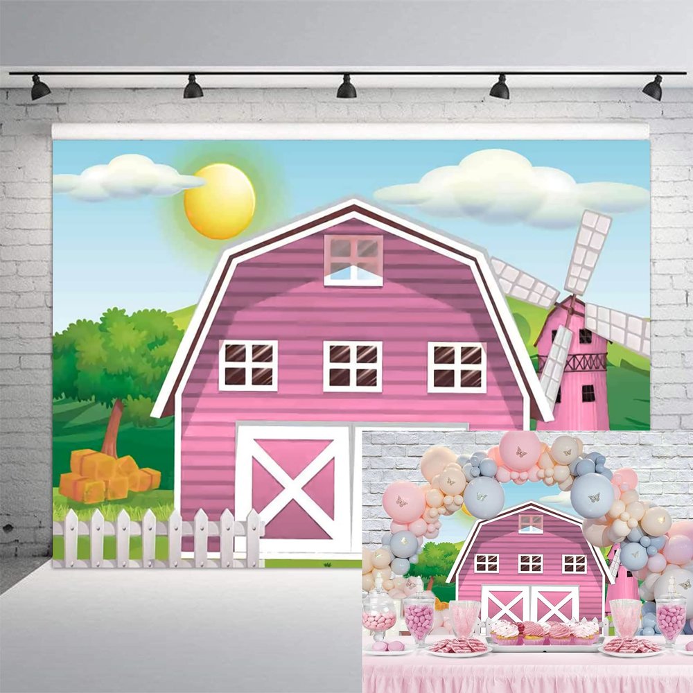 12x10ft Pink Farm Barn Backdrop Cartoon Farm Animals Party Photography Background Pink Barn House Green Grass Background Girls 1st 2nd Birthday Party Baby Shower Cake Table Decoration Supplies