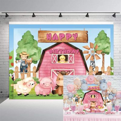 10x6.5ft Farm Animals Theme Birthday Party Backdrop for Kids Birthday Party Decorations Cartoon Pink Barn Animals Scenic Background Photo Booth Banner Green Grass Fence Barnyard Party Photo Backdrops