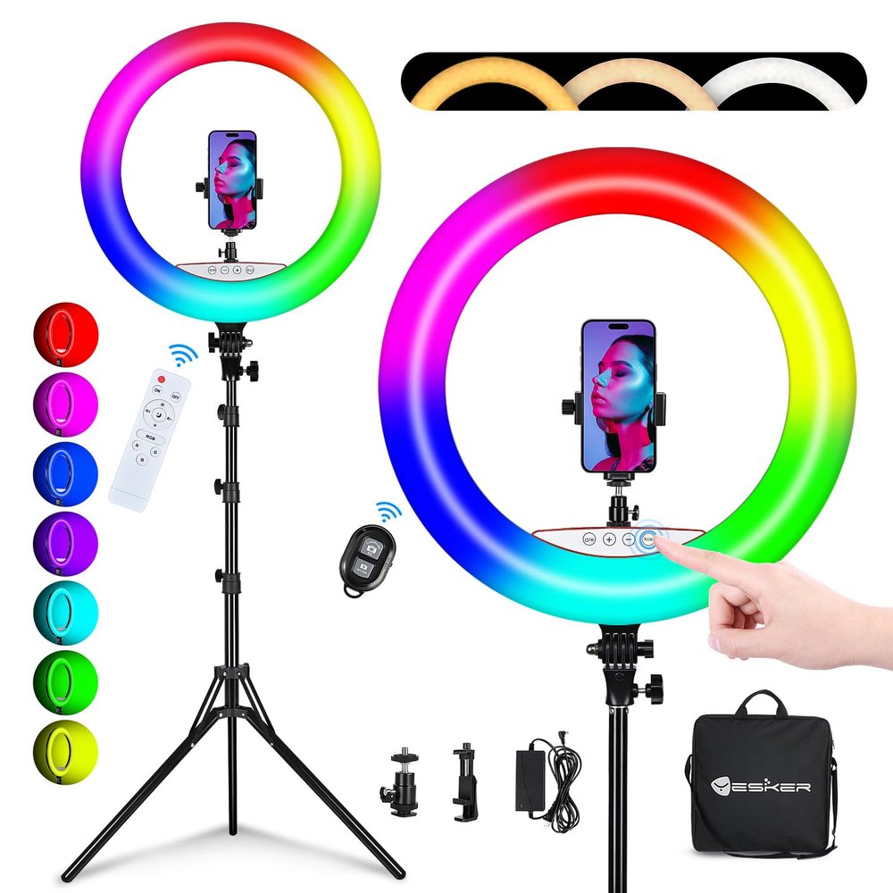 Yesker Ring Light with Tripod Stand and Phone Holder 18 Inch RGB Ringlight 25 RGB Modes Bi-Color Adjustable 27007000K LED Selfie Halo Light Kit for Live Stream Photography Zoom Makeup Youtobe Tiktok