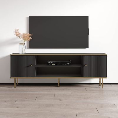 Meble Furniture Camelia TV Stand - Rectangular Shape Mid-Century TV Stand with Storage Drawers - Media Entertainment Center Console Table for TV Up to 70" - Black