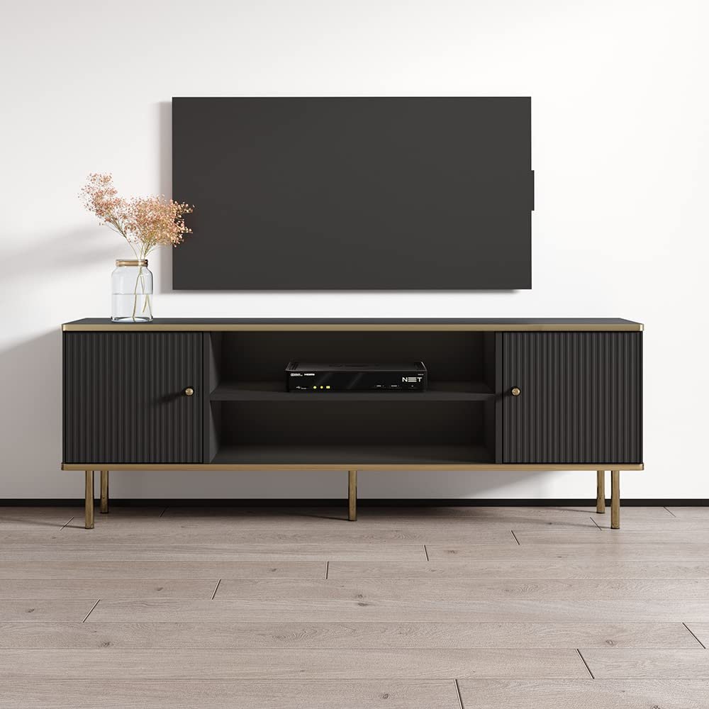 Meble Furniture Camelia TV Stand - Rectangular Shape Mid-Century TV Stand with Storage Drawers - Media Entertainment Center Console Table for TV Up to 70" - Black