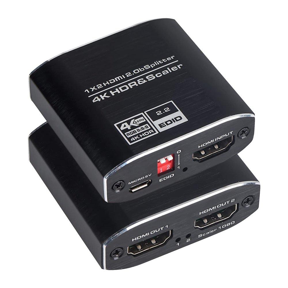 4K HDMI Splitter 1 in 2 Out, HDMI Splitter 1 to 2 Amplifier Duplicate/Mirror Screen Monitor Support EDID for HDMI 2.0b RGB 4:4:4 1080P/ 3D/ 4K for Xbox PS4 Fire Stick Roku Blu-Ray Player Apple TV