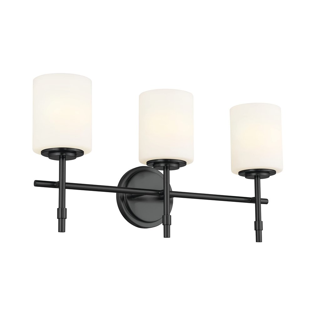 Kichler Ali 3 Light Bathroom Vanity Light in Black with Satin Etched Glass Shades for use in Bathrooms and Powder Rooms, 52142BK