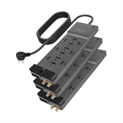 Belkin Power Strip Surge Protector - 12 AC Multiple Outlets & 8 ft Long Flat Plug Heavy Duty Extension Cord for Home, Office, Travel, Computer, Laptop & Phone Charging Brick (3,940 Joules), Pack of 3