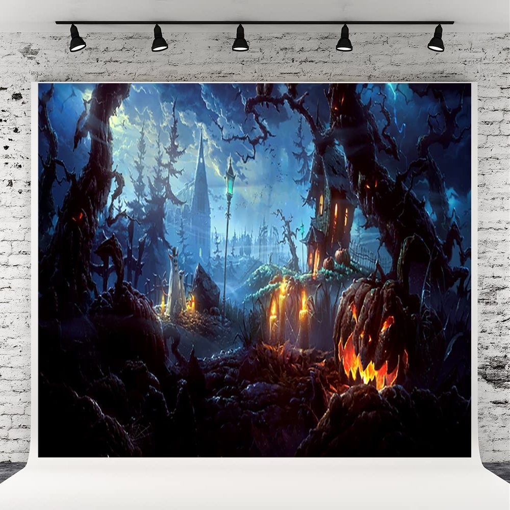 10x6.5ft Pumpkin Light Photography Backdrops Branches Fabric Photo Studio Prop Background Castle Magic Old Tree Background for Halloween Party