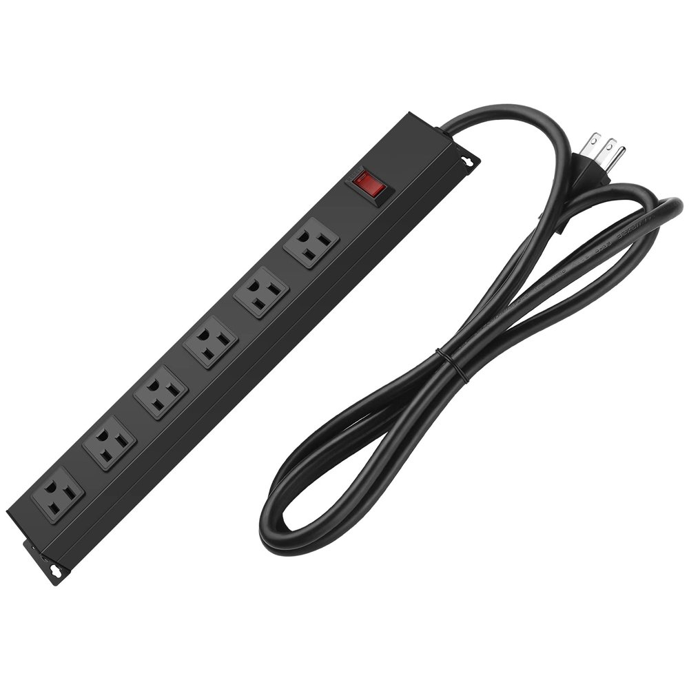 Metal Wall Mount Power Strip, Mountable Power Outlet with 6 AC Outlets, Aluminum Alloy Mount Power Socket with Switch, 15 FT SJT 3/C 14AWG Power Cord, 15A 125V 1875W (6AC) Black