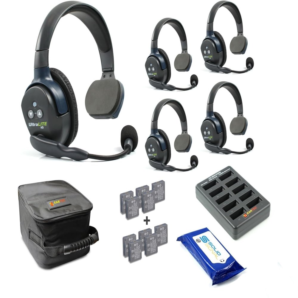 Eartec UL5S Ultralite Full Duplex Wireless Headset Communication for 5 Users - 5 Single Ear Headsets with Five (5) Additional Batteries and SolidSignal Cleaning Wipes Bundle