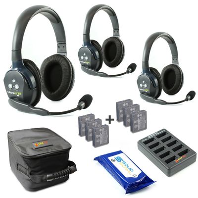 Eartec UL3D Ultralite Full Duplex Wireless Headset Communication for 3 Users - 3 Dual Ear Headsets with Three (3) Additional Batteries and SolidSignal Cleaning Wipes Bundle