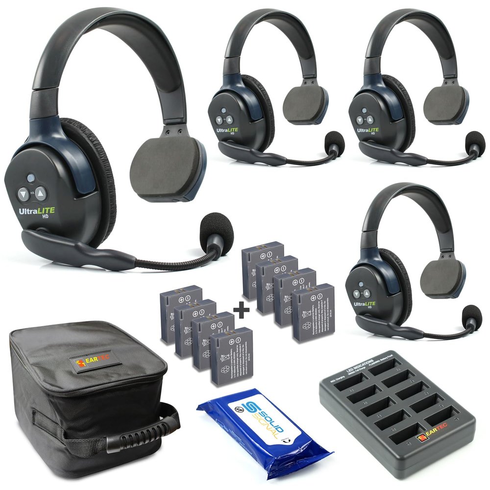 Eartec UL4S Ultralite Full Duplex Wireless Headset Communication for 4 Users - 4 Single Ear Headsets with Four (4) Additional Batteries and SolidSignal Cleaning Wipes Bundle