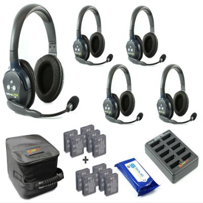 Eartec UL5D Ultralite Full Duplex Wireless Headset Communication for 5 Users - 5 Dual Ear Headsets with Five (5) Additional Batteries and SolidSignal Cleaning Wipes Bundle