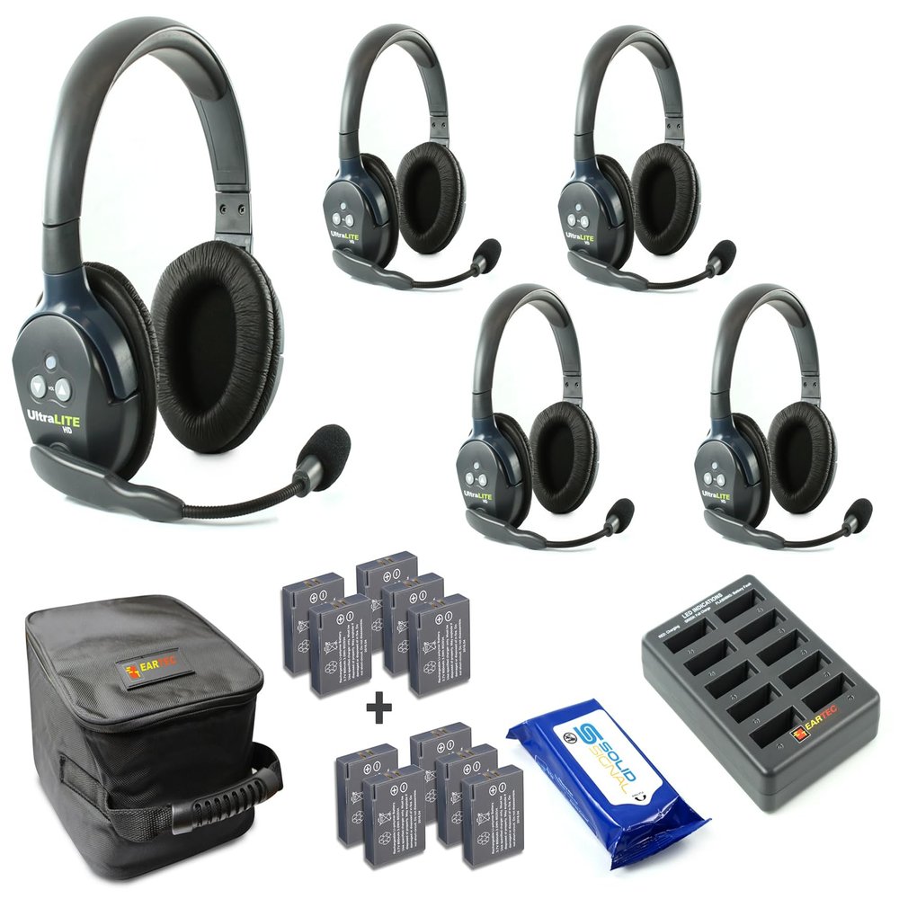 Eartec UL5D Ultralite Full Duplex Wireless Headset Communication for 5 Users - 5 Dual Ear Headsets with Five (5) Additional Batteries and SolidSignal Cleaning Wipes Bundle