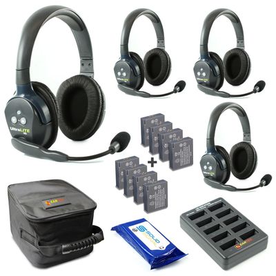 Eartec UL4D Ultralite Full Duplex Wireless Headset Communication for 4 Users - 4 Dual Ear Headsets with Four (4) Additional Batteries and SolidSignal Cleaning Wipes Bundle