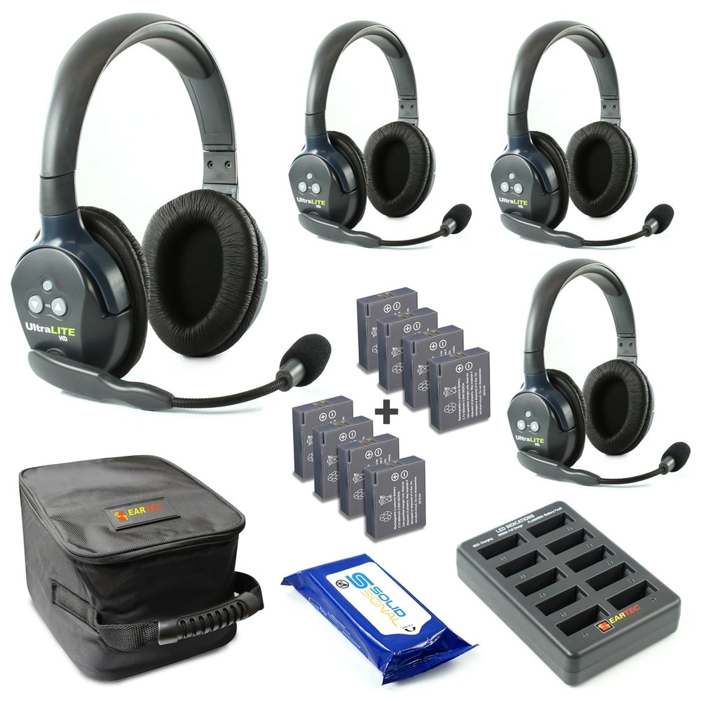 Eartec UL4D Ultralite Full Duplex Wireless Headset Communication for 4 Users - 4 Dual Ear Headsets with Four (4) Additional Batteries and SolidSignal Cleaning Wipes Bundle